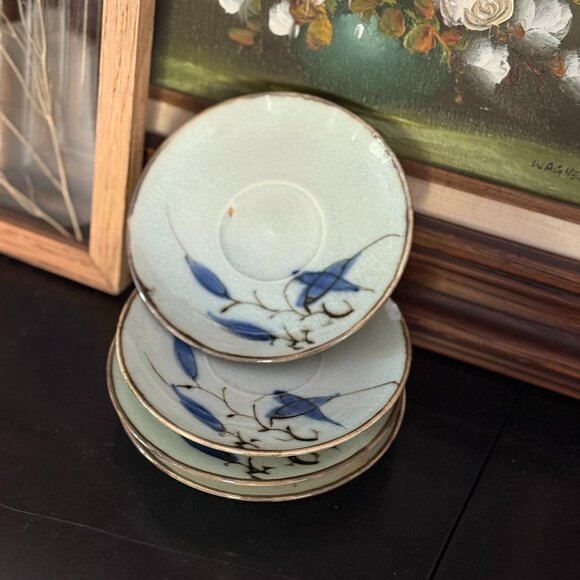 Vintage Japanese Porcelain Dessert Dishes – Set of 4 | Blue Leaf Hand-Painted - Picture 1 of 8